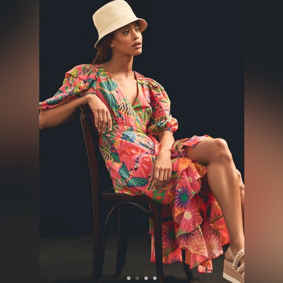 FARM RIO Macaws-print Puff-sleeve Midi Dress - Picture 2 of 7